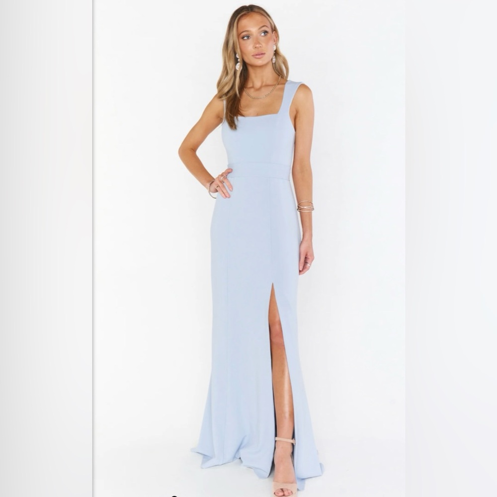 Paris gown in steel blue stretch size M, altered length to fit 5’6”